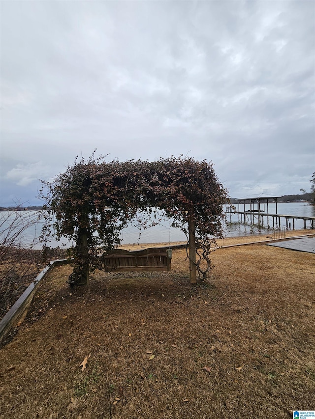 exterior space with a water view and a boat dock