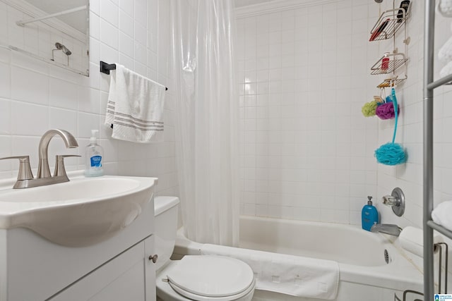 full bathroom featuring shower / bathtub combination with curtain, backsplash, tile walls, toilet, and crown molding