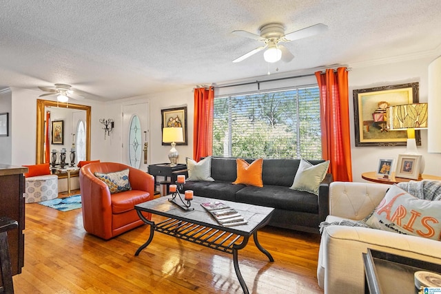 living room featuring light hardwood / wood-style floors, a textured ceiling, and ceiling fan