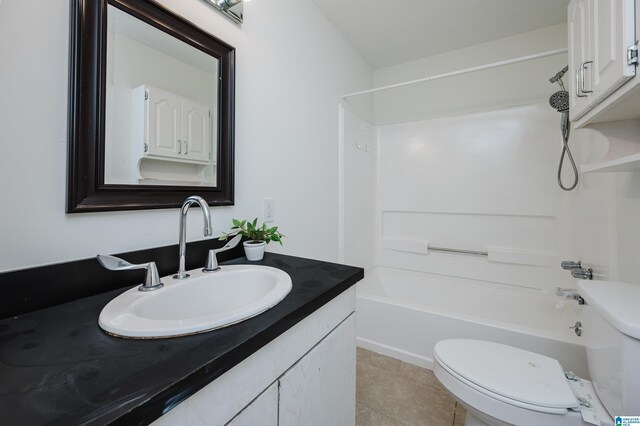 full bathroom with shower / bathtub combination, tile patterned floors, toilet, and vanity