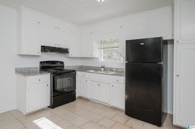 kitchen with sink, black appliances, white cabinetry, and light stone countertops