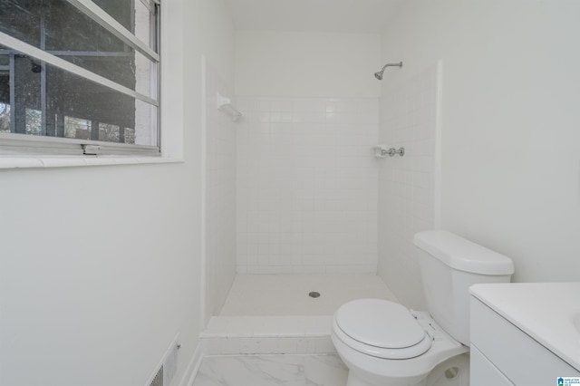 bathroom with a tile shower, toilet, and vanity