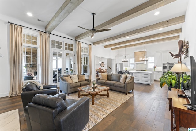 living room featuring beam ceiling, plenty of natural light, ceiling fan with notable chandelier, and dark hardwood / wood-style flooring