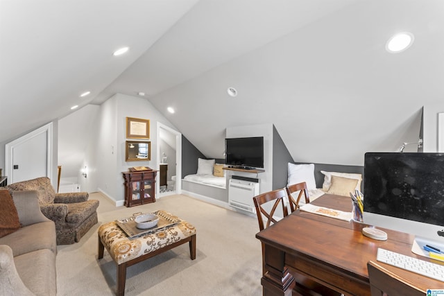 carpeted living room featuring lofted ceiling