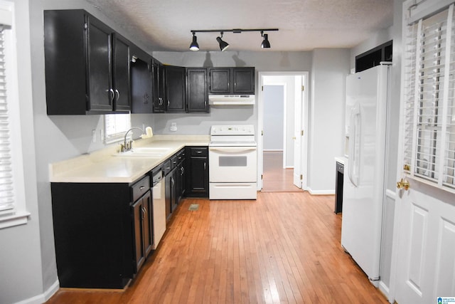 kitchen with sink, white appliances, light hardwood / wood-style flooring, and a textured ceiling