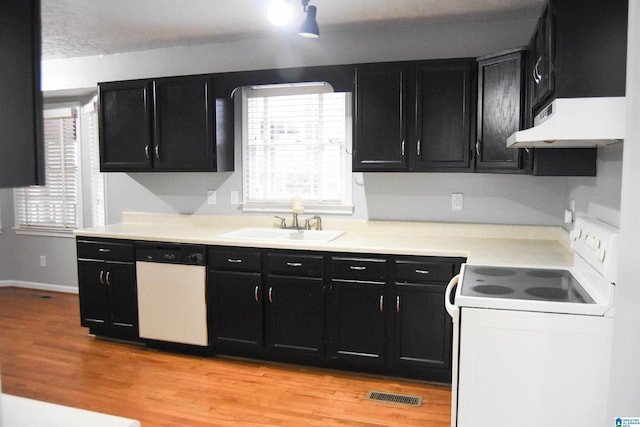 kitchen featuring sink, white appliances, and light hardwood / wood-style flooring