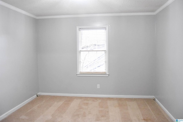 empty room featuring ornamental molding and light colored carpet