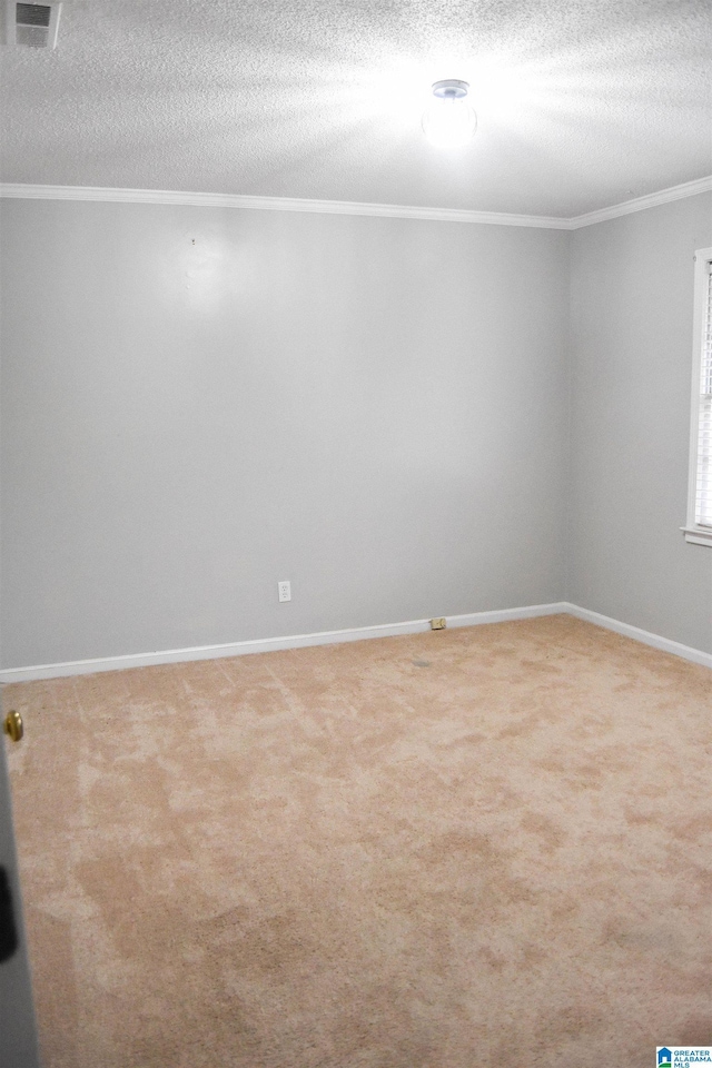 carpeted empty room with a textured ceiling and ornamental molding