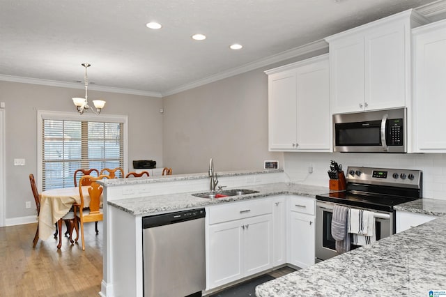 kitchen featuring white cabinets, stainless steel appliances, sink, hanging light fixtures, and kitchen peninsula