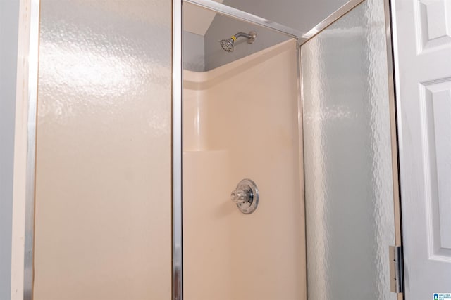 bathroom with a shower with shower door