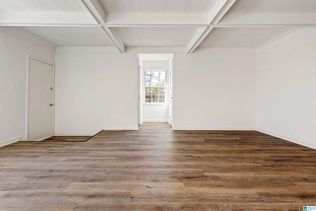 spare room featuring beam ceiling and wood-type flooring