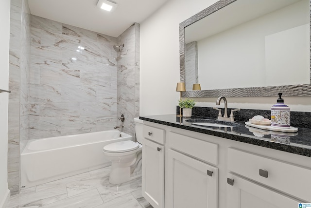 full bathroom featuring toilet, vanity, and  shower combination