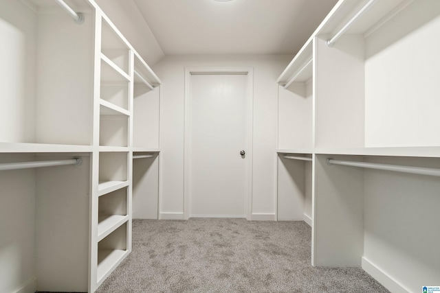 walk in closet with light carpet