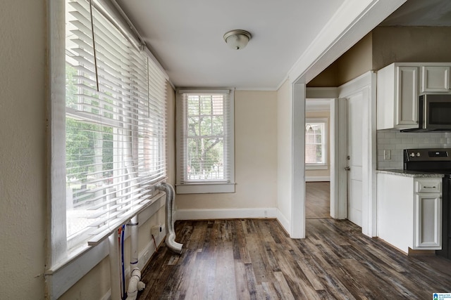 kitchen with tasteful backsplash, dark hardwood / wood-style floors, electric range oven, a wealth of natural light, and white cabinetry