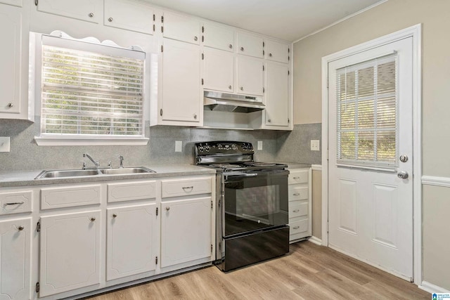 kitchen featuring white cabinetry, light hardwood / wood-style floors, black range with electric stovetop, and sink