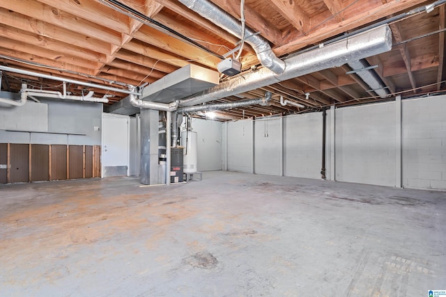 basement with heating unit and water heater