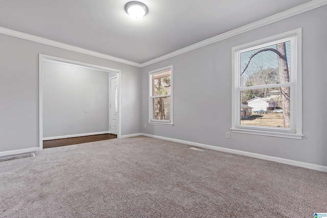 carpeted spare room featuring ornamental molding