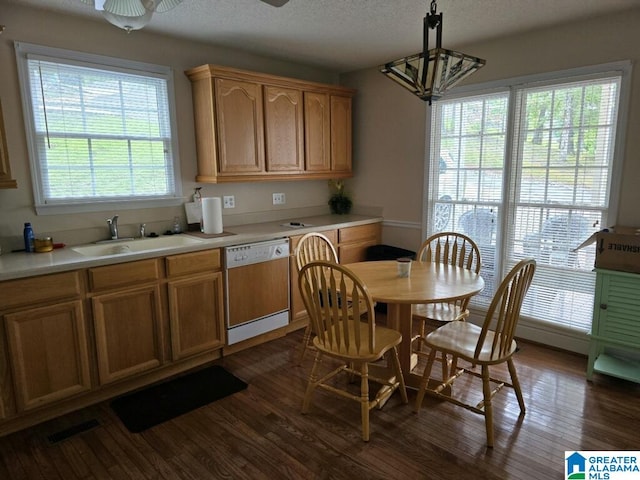 kitchen featuring dishwasher, decorative light fixtures, dark wood-type flooring, a healthy amount of sunlight, and sink