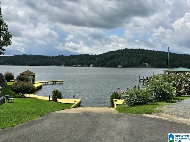 view of water feature with a dock