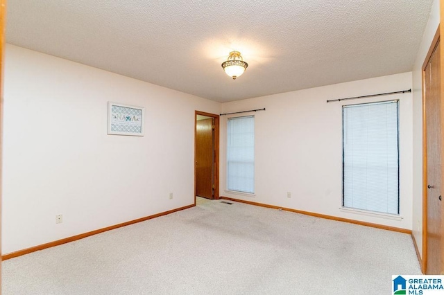 spare room featuring light colored carpet and a textured ceiling