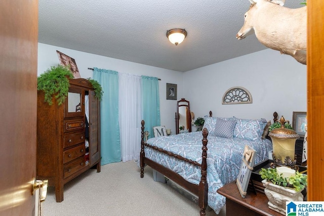 bedroom with carpet and a textured ceiling