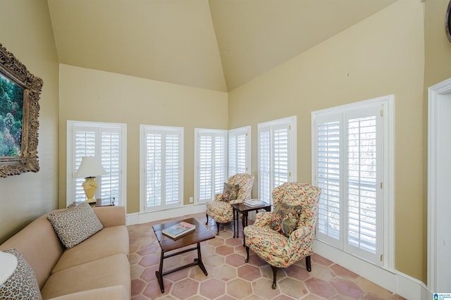 sitting room featuring high vaulted ceiling