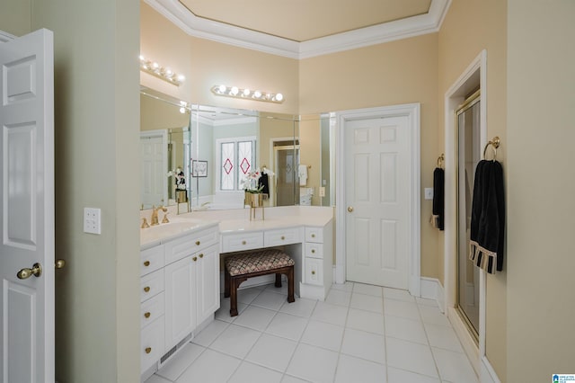 bathroom featuring tile patterned floors, vanity, ornamental molding, and walk in shower