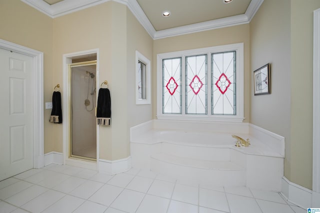 bathroom featuring crown molding, tile patterned flooring, and shower with separate bathtub