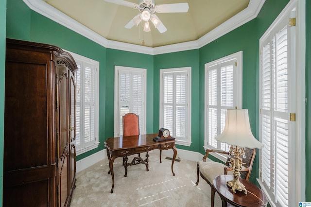 home office with vaulted ceiling, ceiling fan, and light carpet