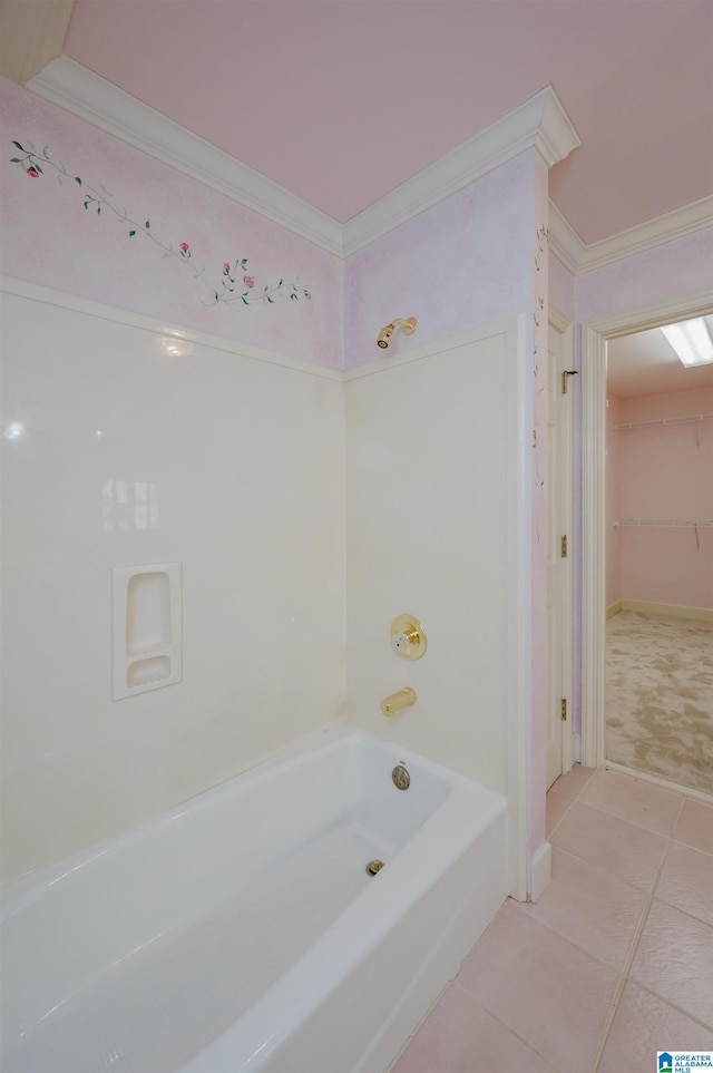 bathroom with tile patterned floors and crown molding