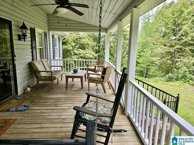 wooden terrace with ceiling fan