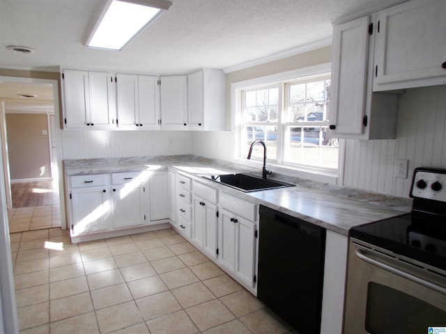 kitchen featuring light tile patterned floors, stainless steel electric range oven, black dishwasher, white cabinets, and sink