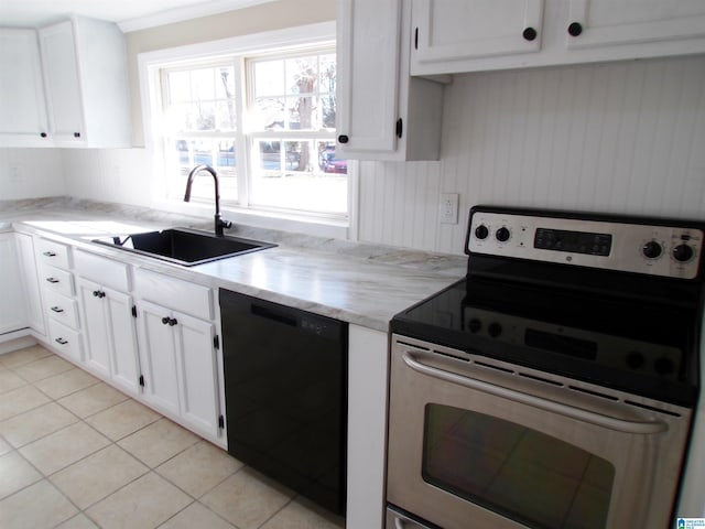 kitchen featuring stainless steel range with electric cooktop, white cabinetry, light tile patterned flooring, dishwasher, and sink