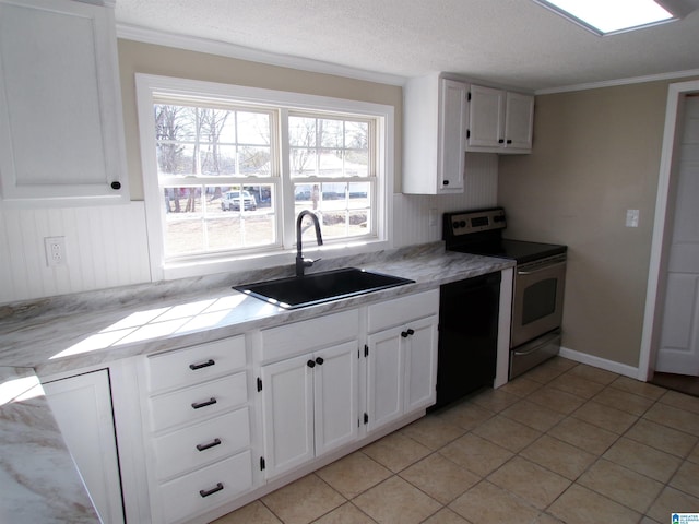 kitchen with white cabinetry, black dishwasher, sink, ornamental molding, and electric range