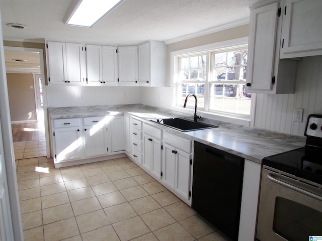 kitchen featuring white cabinets, sink, stainless steel electric stove, and black dishwasher