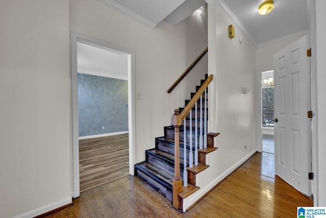 entryway with crown molding and hardwood / wood-style floors