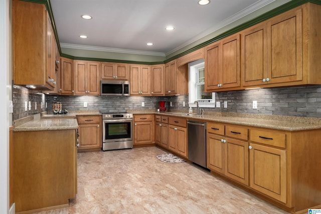 kitchen with decorative backsplash, sink, crown molding, light stone countertops, and appliances with stainless steel finishes