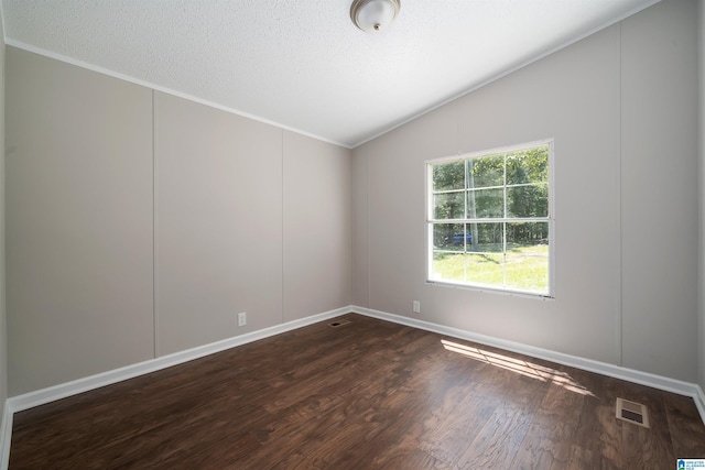 empty room featuring vaulted ceiling and dark wood-type flooring