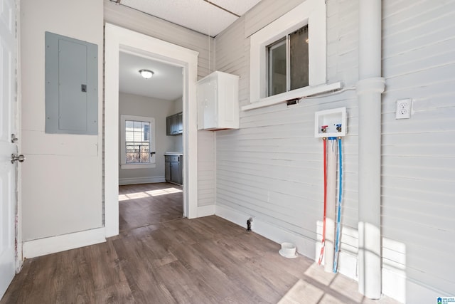 interior space featuring electric panel and wood-type flooring