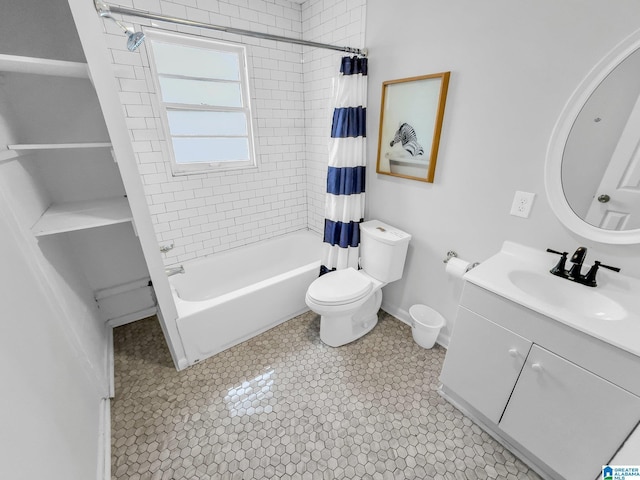 full bathroom featuring toilet, vanity, and shower / tub combo