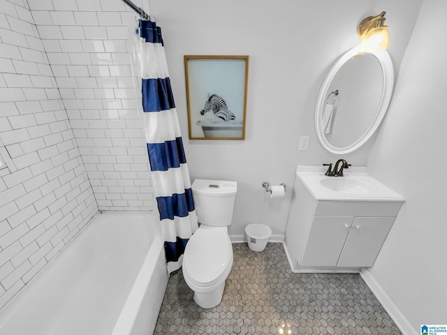 full bathroom with toilet, vanity, shower / tub combo, and tile patterned floors