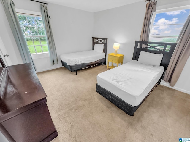 bedroom with light colored carpet