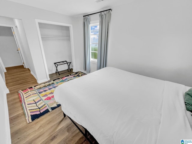 bedroom featuring wood-type flooring and a closet