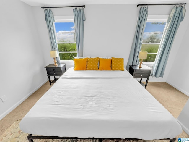 carpeted bedroom featuring multiple windows