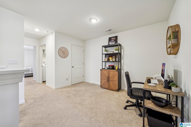 home office with light carpet