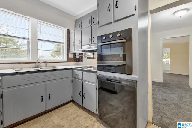 kitchen featuring black appliances, light colored carpet, sink, and a wealth of natural light