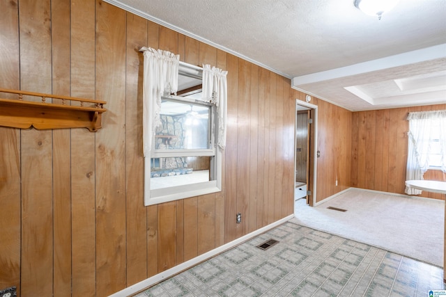 interior space with carpet floors, crown molding, wood walls, and a textured ceiling