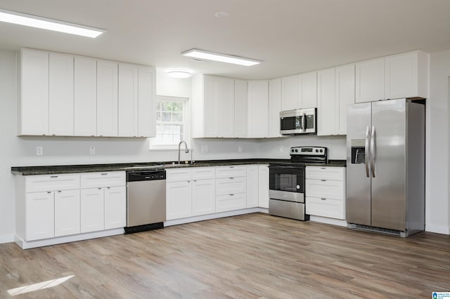 kitchen with sink, white cabinetry, appliances with stainless steel finishes, and light hardwood / wood-style flooring