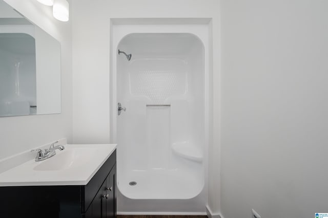 bathroom with a shower and vanity