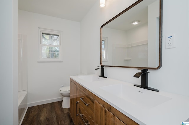 bathroom with vanity, hardwood / wood-style flooring, and toilet